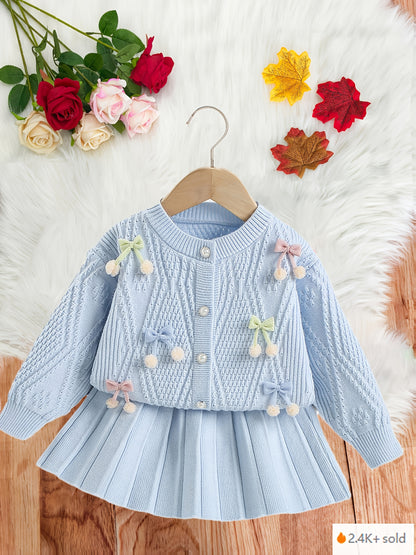 Girls’ Adorable Knit Cardigan & Pleated Skirt Set – Cozy Winter 2-Piece Outfit for Toddlers & Kids (8M–8Y)