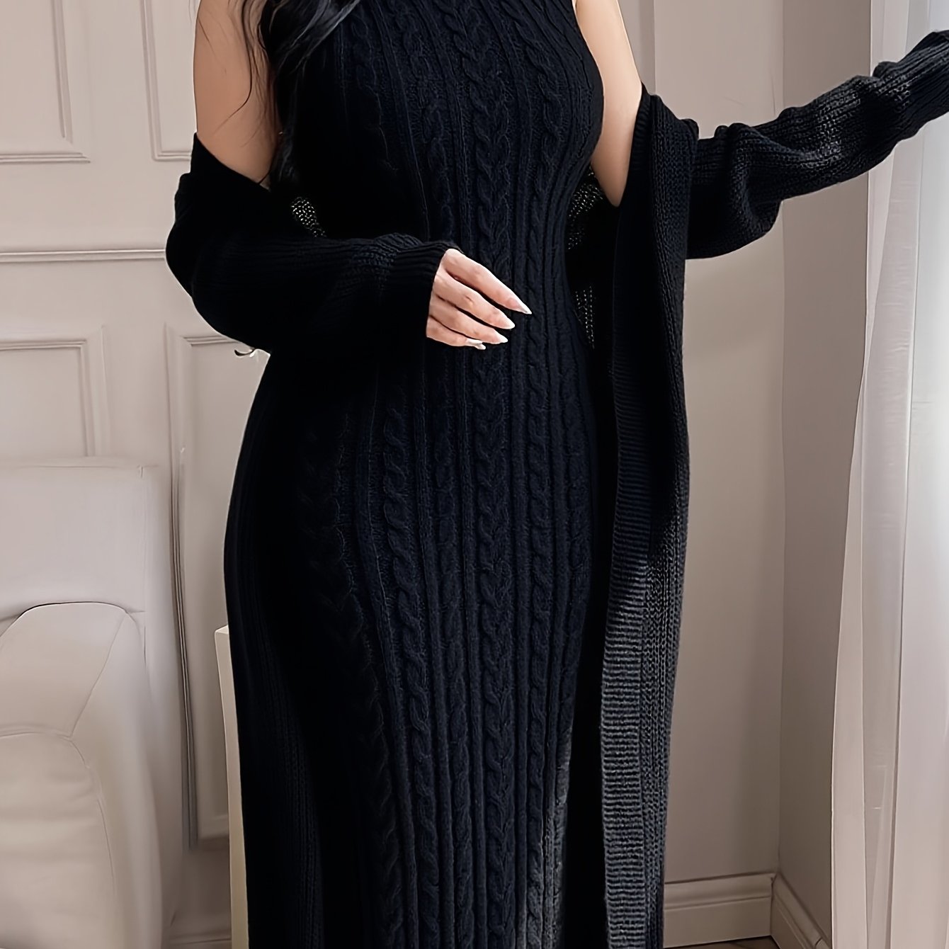 Women’s Elegant Khaki Knit Two-Piece Set – Round Neck Cardigan Top & Sleeveless Braided Texture Dress, Chic Autumn/Winter Outfit for Dates & Parties