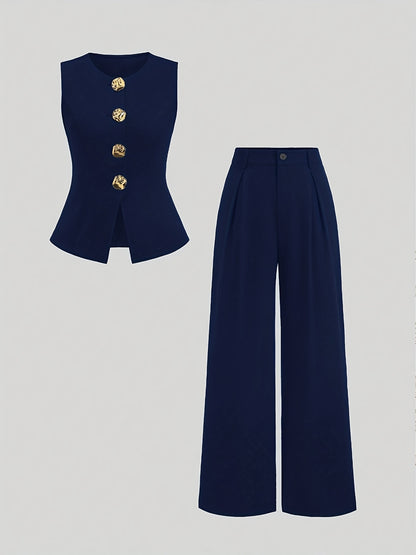 Women’s Elegant Waist-Cinching Vest & Wide-Leg Pants Set – Solid Button-Up Two-Piece Outfit for Office or Casual Wear