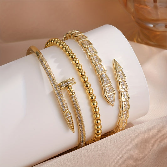 Exquisite Luxury Women'S Jewelry Set of 3, Elegant Style with Copper Plated Golden Inlaid Synthetic Zirconia Design Featuring Snake-Shaped Open Bracelet, Nail-Shaped Bracelet, and Round Bead Bracelet Suitable for Daily Wear a