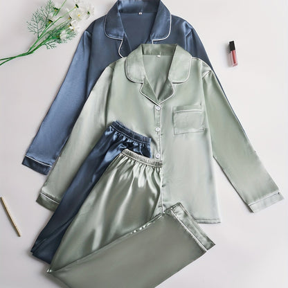 Women’s 2-Set Satin Pajama Collection – Long-Sleeve & Long-Pants Solid Color Sleepwear with Turned Collar and Elegant Button Detailing for Autumn/Winter