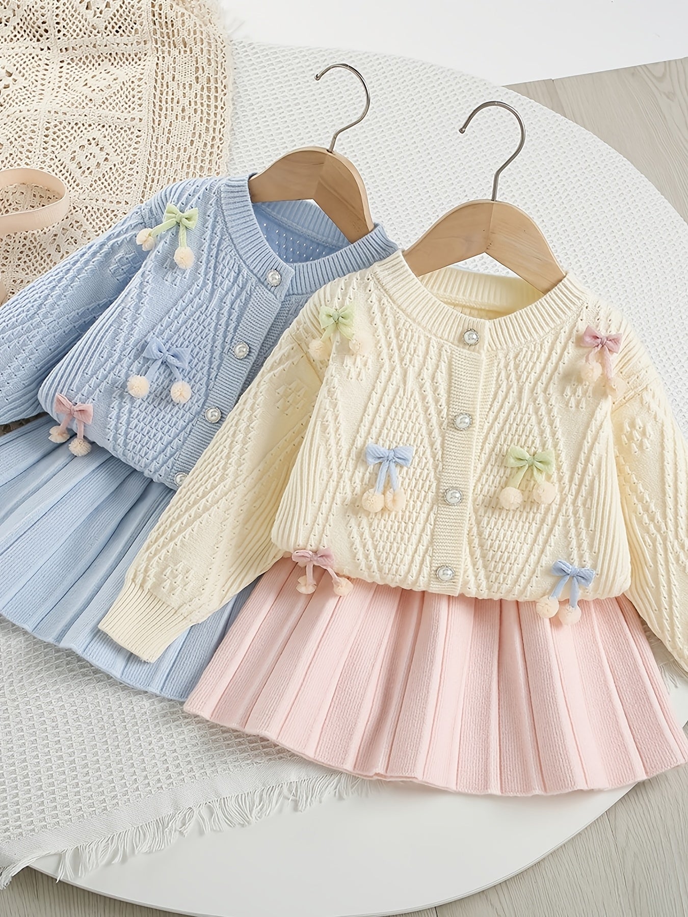 Girls’ Adorable Knit Cardigan & Pleated Skirt Set – Cozy Winter 2-Piece Outfit for Toddlers & Kids (8M–8Y)