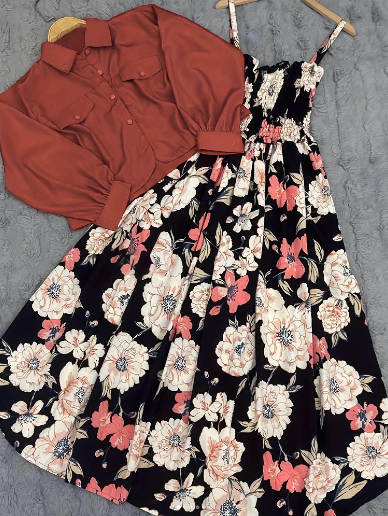 2026 Women’s Autumn/Winter Two-Piece Set – Soft Short Solid-Color Jacket with Elegant Strap-Print Tie & Long Flared Dress