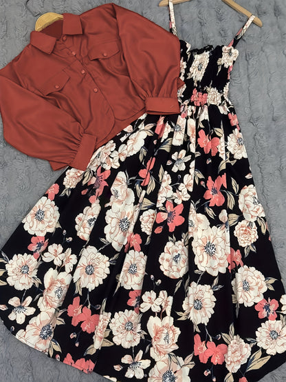 2026 Women’s Autumn/Winter Two-Piece Set – Soft Short Solid-Color Jacket with Elegant Strap-Print Tie & Long Flared Dress