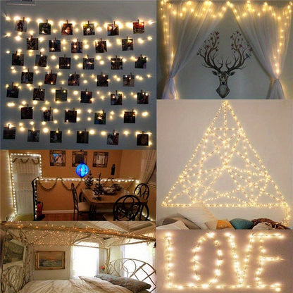 [Fairy Light Strip] 1pc 100LED Fairy Light Strip, Copper Light Rope 10M with 40 Clips, Battery Operation Garland for Bedroom, Family Party, Wedding, Christmas Decoration