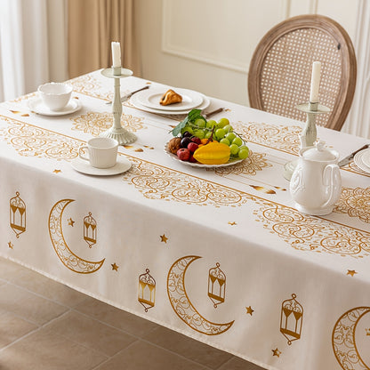 1pc Bohemian Geometric Beige Ramadan Tablecloth, with Golden Moon and Stars Pattern, Washable Rectangular Tablecloth, Suitable for Dinner Party, Table, Party, Festival Celebration Decoration, Eid Decoration, Gift