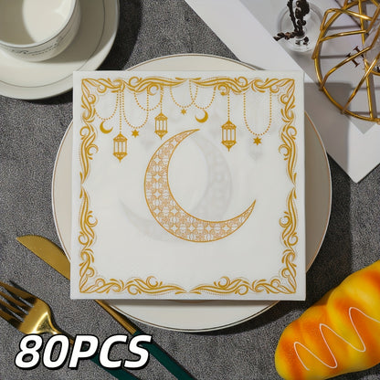 ٨٠ قطعة من مناديل إسلامية أنيقة على شكل هلال | مناشف ورقية مزدوجة الطبقات للاستخدام مرة واحدة لتزيين موائد رمضان والعيد، بنقوش هلالية مميزة للتجمعات الإسلامية والأنشطة الإسلامية