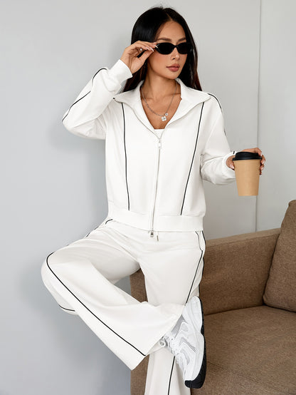 طقم نسائي من قطعتين، جاكيت بسحاب متعدد الألوان وبنطلون برباط، مناسب للربيع والخريف