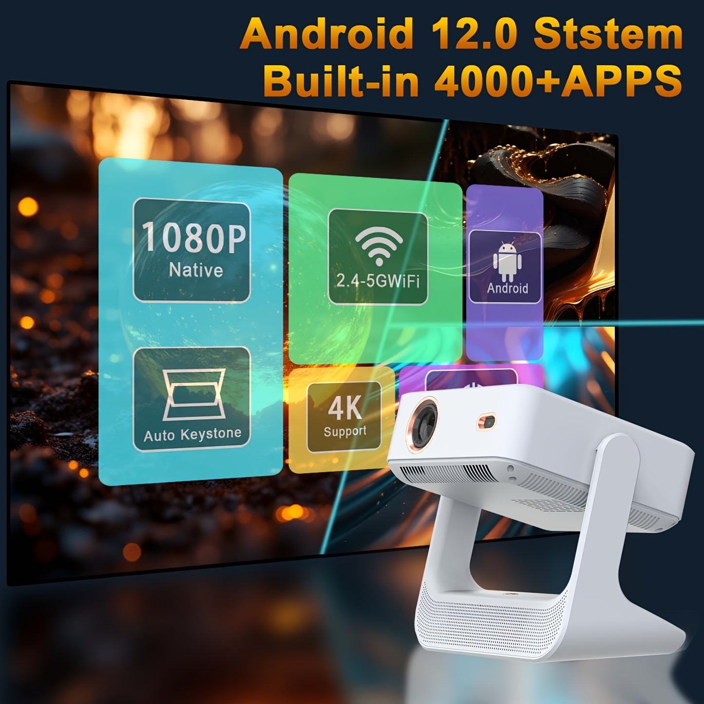 A2 Pro Smart Projector with 8-Inch Touch Screen – Android 12, Native 1080P HD, 4K Compatible Home Theater Projector with Autofocus & Auto Keystone Correction