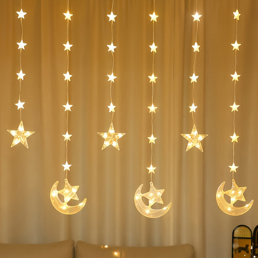 ستارة إضاءة دافئة على شكل هلال ونجمة، بطول 200 سم/78.74 بوصة، أضواء سلسلة LED رمضانية، مناسبة لتزيين غرف النوم، وتزيين الجدران والنوافذ، خيار مثالي لرمضان، عيد الفطر، رمضان مبارك، للمنزل