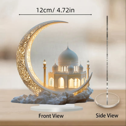 2D Flat - [2D Flat] A Stylish Acrylic Moon Decorative Piece for a 2D Plane, Featuring a Complex Crescent Design Alongside Golden Islamic Architecture. This Versatile Gift Is Perfect for Mother'S Day, Eid, Or Home Office Decor