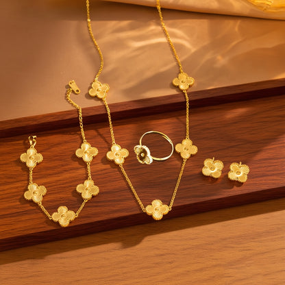 Women’s 5-Piece Stainless Steel Jewelry Set – Minimalist Four-Leaf Clover Necklace, Bracelet, Earrings & Ring, Elegant Daily & Party Gift Set (No Plating)