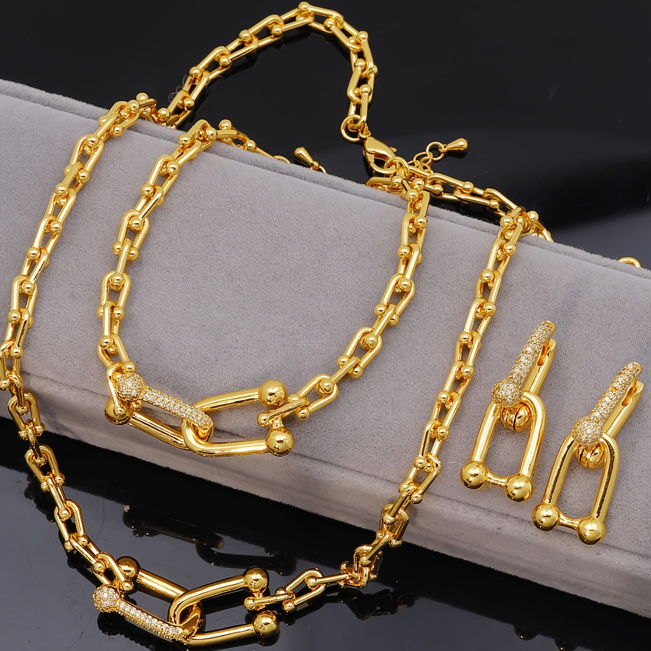 Women’s Elegant Interlocking Micro-Inlay Jewelry Set – Earrings, Necklace & Bracelet with Chain Design, Light Luxury Style for Weddings & Valentine’s Day