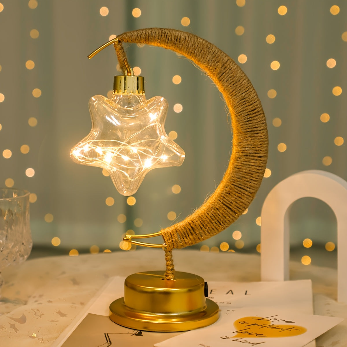 1pc LED Iron Art Hemp Rope Star and Moon Lamp Suitable for Festive Parties, Home Bedroom Table Light Atmosphere Modeling, Christmas, New Year, Eid al-Fitr and Ramadan Decoration Lighting (without Battery, Warm Light)