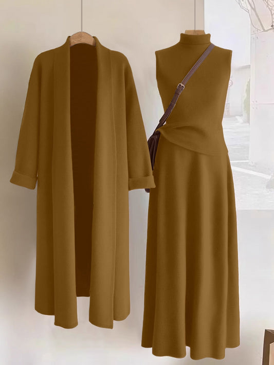 Women’s Elegant 3-Piece Outfit Set – Long Cardigan Jacket, High-Neck Vest & Skirt, Solid Color Chic Ensemble for Casual or Formal Events