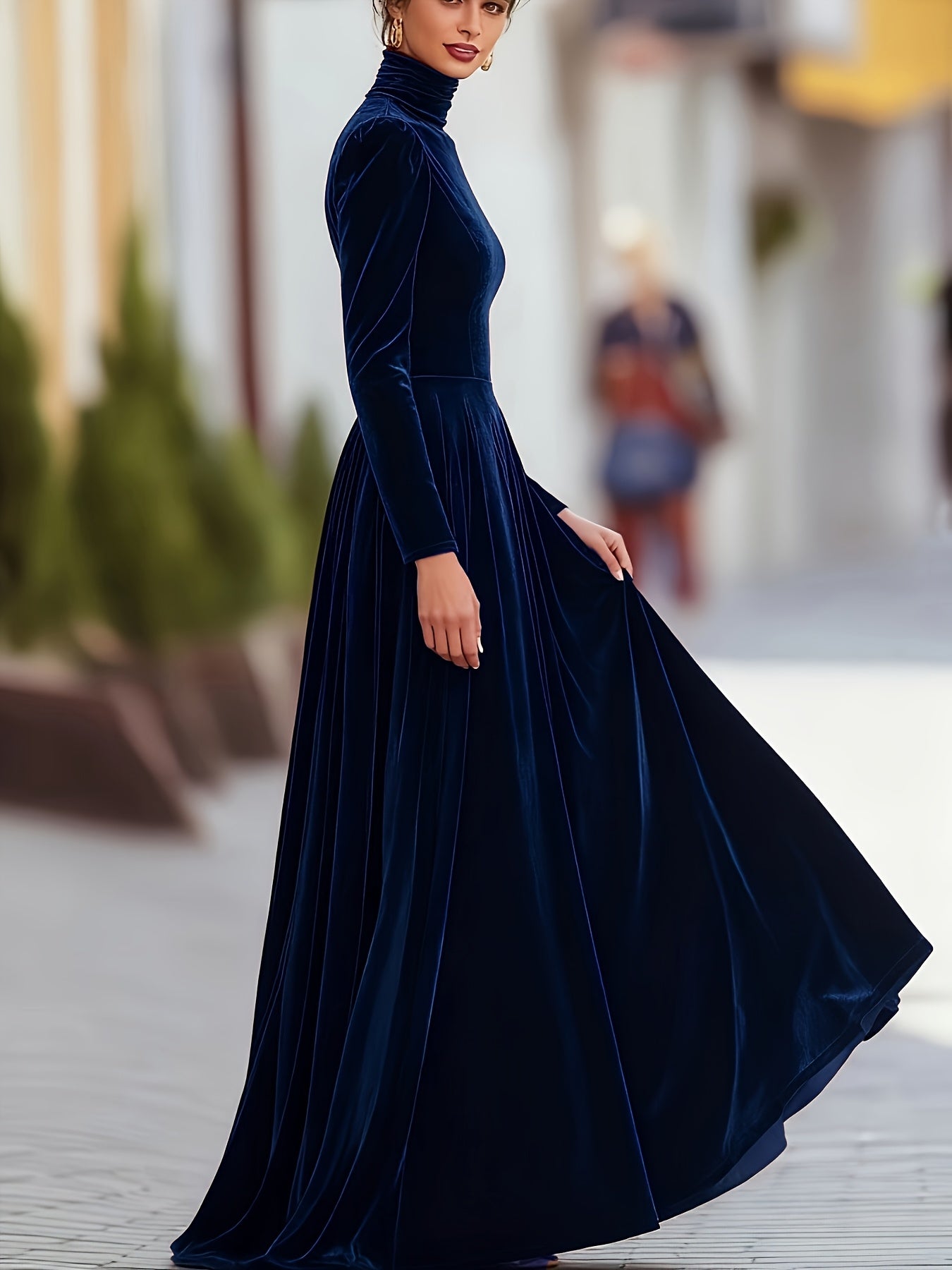 Women’s Elegant Navy Velvet Long Sleeve Evening Dress – High Neck A-Line Formal Gown with Zipper Back, Perfect for Weddings, Galas & Parties