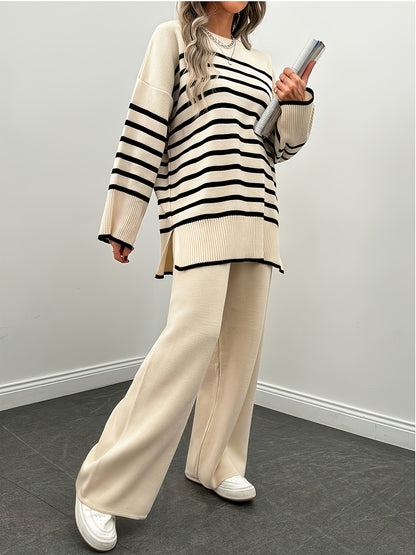 سترة نسائية شتوية دافئة مخططة - بلوزة محبوكة بأكمام طويلة ورقبة دائرية باللونين الأسود والأبيض، سترة أنيقة قابلة للتمدد مع الجينز والسراويل الضيقة