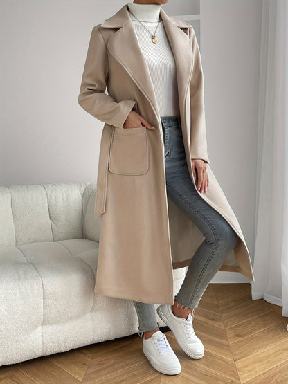 Women's Elegant Beige Trench Coat – Belted Long Sleeve Jacket with Pockets, Classic Collar & Structured Design for Spring & Fall