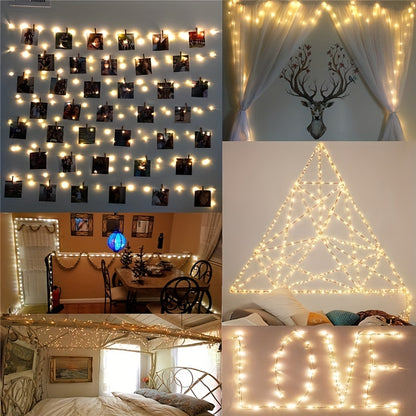 [Fairy Light Strip] 1pc 100LED Fairy Light Strip, Copper Light Rope 10M with 40 Clips, Battery Operation Garland for Bedroom, Family Party, Wedding, Christmas Decoration