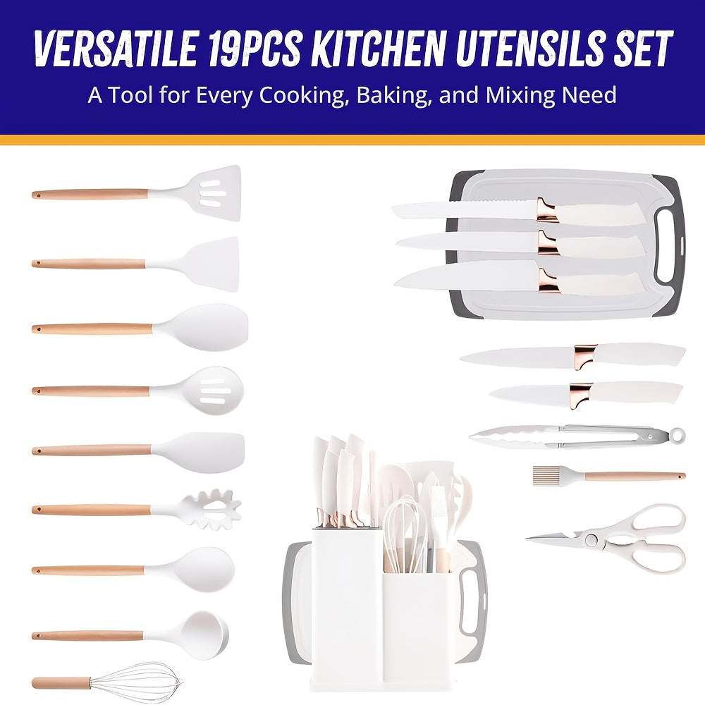 19-Piece Kitchen Utensil Set – Heat-Resistant Silicone Spatulas, 6 Sharp Knives, and Durable Cutting Board for Everyday Cooking