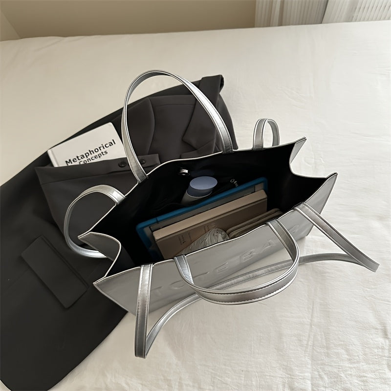 PU Textured Large-Capacity Women’s Tote Bag — Vintage Commuter Shoulder & Crossbody Bag with ‘TOTE BAG’ Embossed Design, Durable and Lightweight, Ideal for Work, Business & School, Available in Black, Brown, and Silve