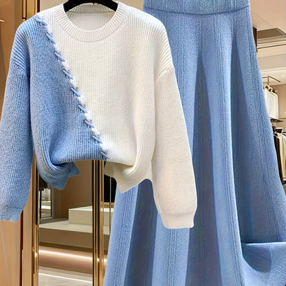 طقم نسائي من قطعتين من ملابس التريكو لفصلي الخريف والشتاء - بلوزة عصرية مع تنورة فضفاضة