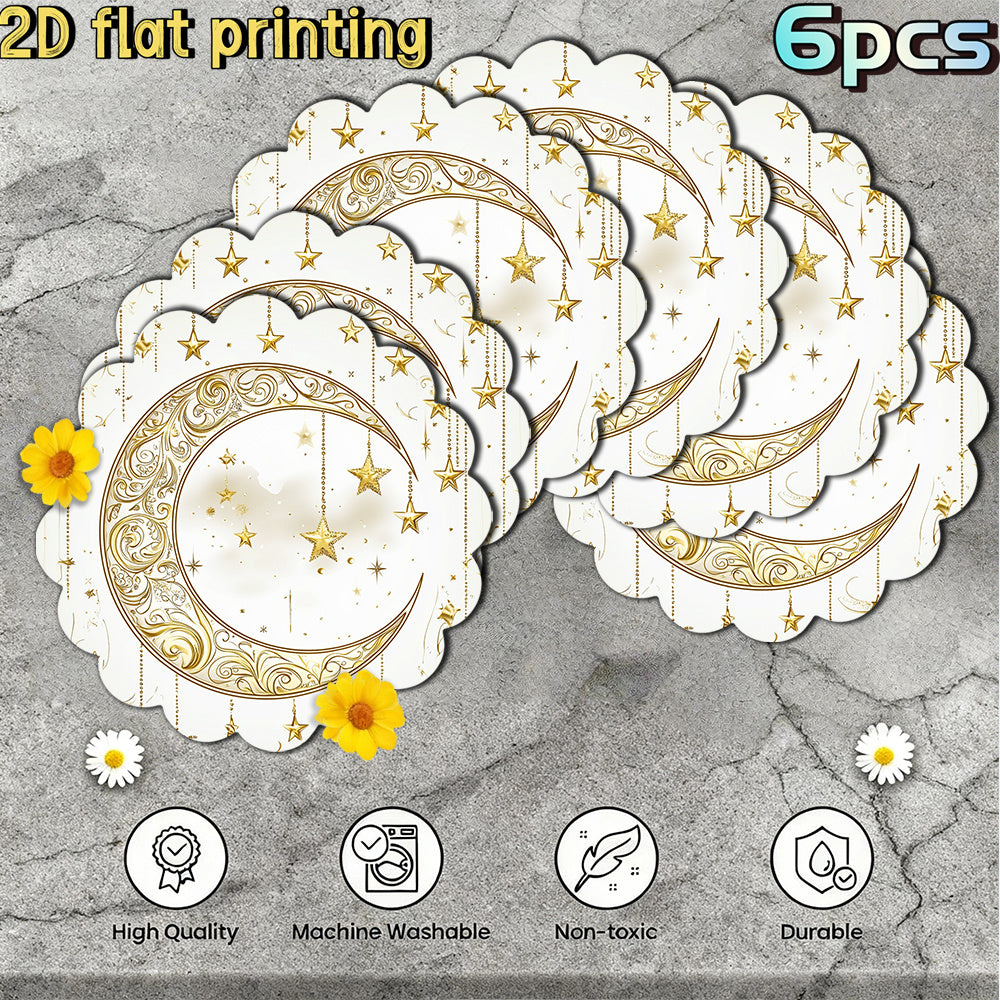 6pcs 2D Flat Printing Ramadan Golden Crescent Star Decorative Pattern Placemats, for Ramadan Gatherings, Festival Tables, Creating Warm Gorgeous Ramadan Atmosphere, Fitting Festive Meal and Table Decor, Suiting Holiday Dining