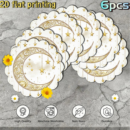 6pcs 2D Flat Printing Ramadan Golden Crescent Star Decorative Pattern Placemats, for Ramadan Gatherings, Festival Tables, Creating Warm Gorgeous Ramadan Atmosphere, Fitting Festive Meal and Table Decor, Suiting Holiday Dining