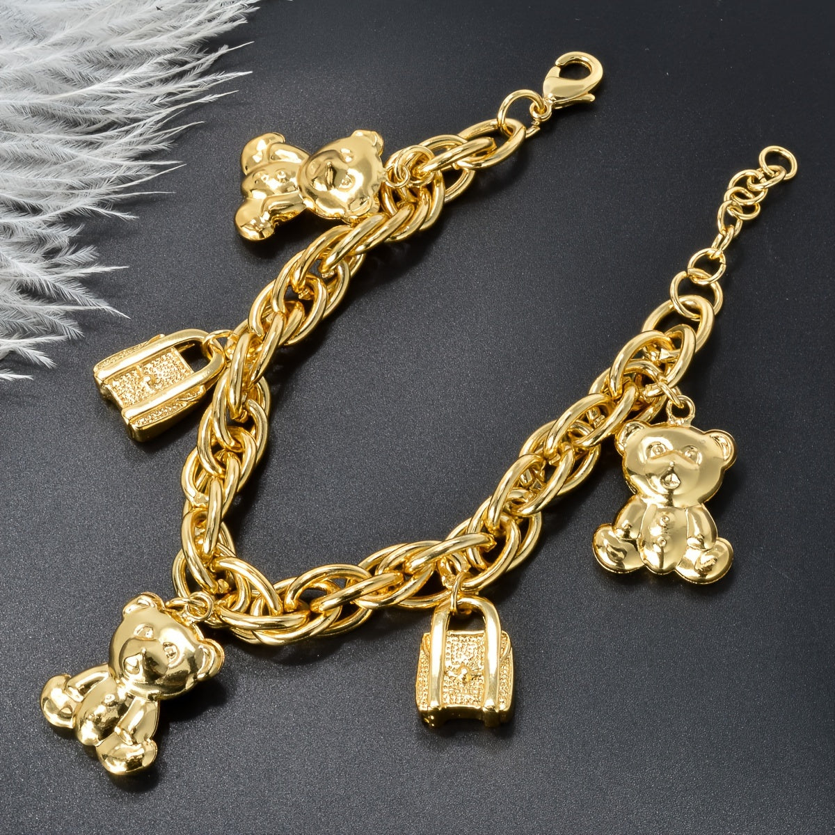 ZEADEAR Golden-Tone Bear & Handbag Charm Bracelet – Cute Copper Jewelry with Teddy Bear and Lock Pendants for Daily Wear or Special Gifts