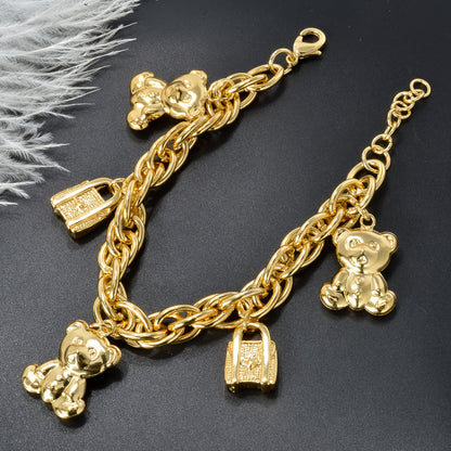 ZEADEAR Golden-Tone Bear & Handbag Charm Bracelet – Cute Copper Jewelry with Teddy Bear and Lock Pendants for Daily Wear or Special Gifts