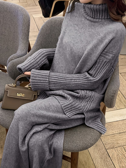 Autumn & Winter Sweater Set – Elegant High-Neck Top with Wide-Leg Pants, Solid Color Casual Chic Outfit