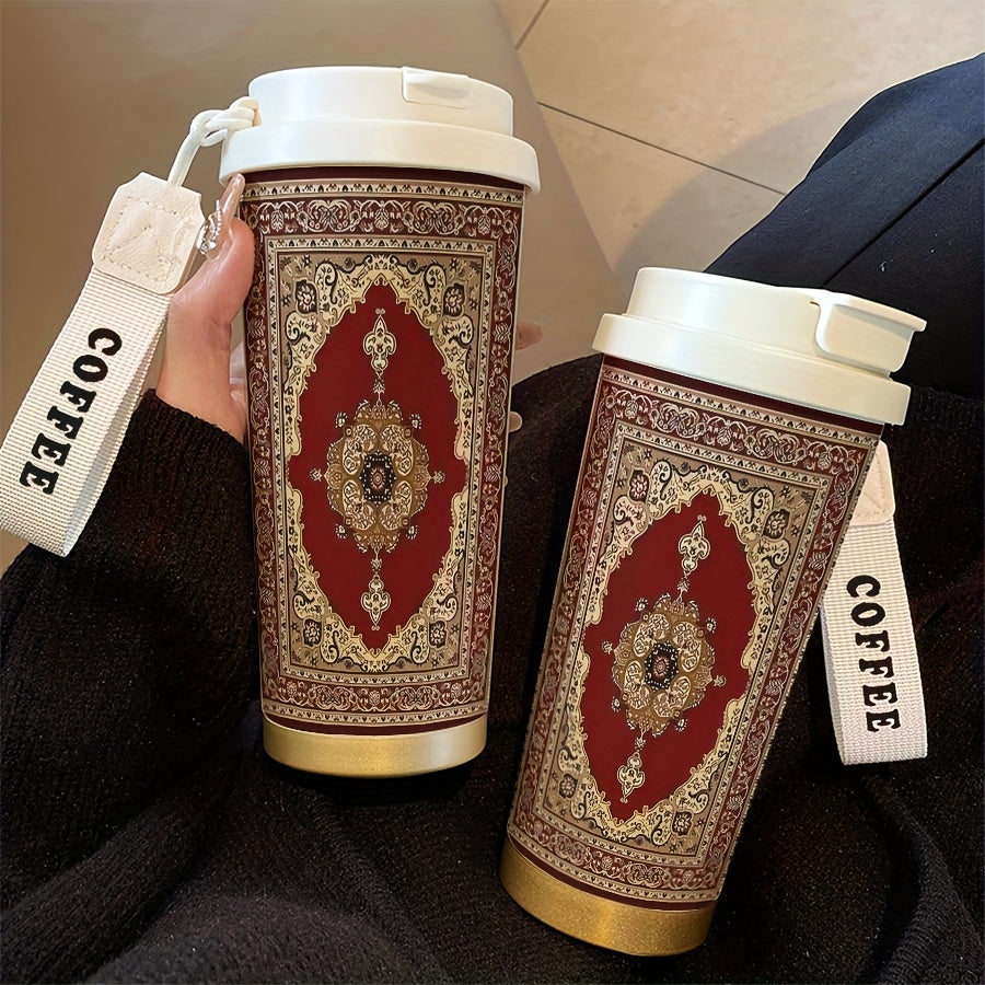 A 530ml Character Pattern Insulated Bottle Cup,Artistic Style,Fashion,Insulated/Cold Coffee Cup,Rope Portable Double Drink Type,Stainless Steel Insulated Bottle Cup,Cold Drink/Hot Drink Cup,Suitable for Ramadan