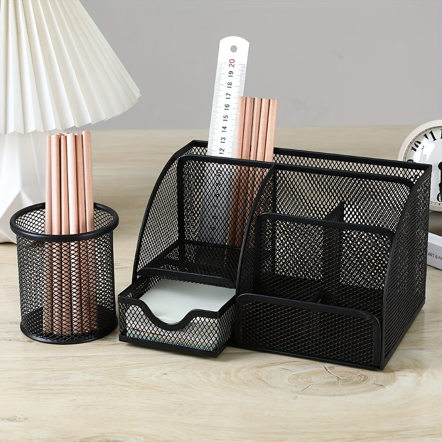 2-Piece Mesh Desk Organizer Set with Sticky Note Holder – Expandable Rustproof Iron Caddy for Home, Office & School Supplies (Black, Green, Pink, Purple)