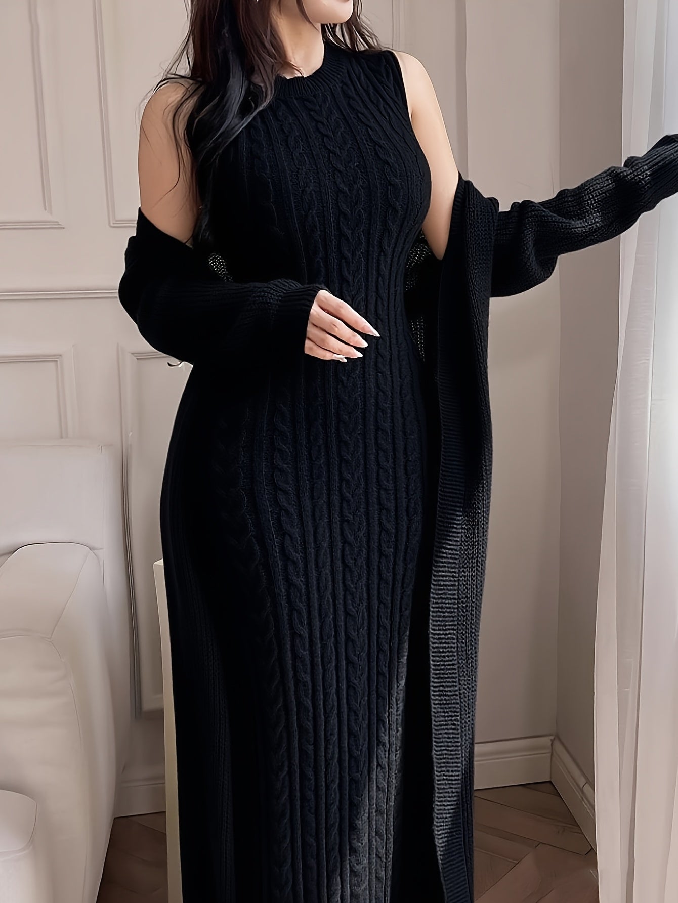 Women’s Elegant Khaki Knit Two-Piece Set – Round Neck Cardigan Top & Sleeveless Braided Texture Dress, Chic Autumn/Winter Outfit for Dates & Parties