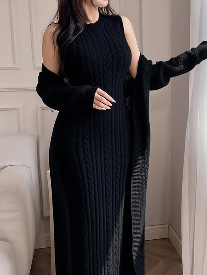 Women’s Elegant Khaki Knit Two-Piece Set – Round Neck Cardigan Top & Sleeveless Braided Texture Dress, Chic Autumn/Winter Outfit for Dates & Parties