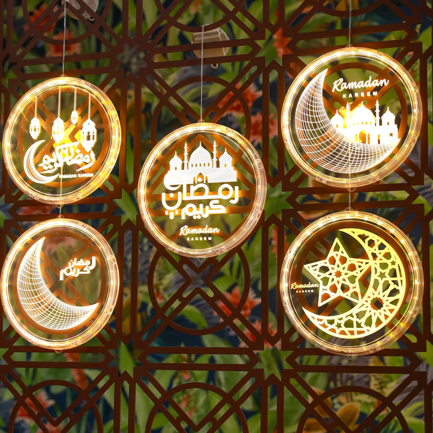 فوانيس رمضانية بتقنية LED - تصميم الخط العربي والهلال، تعمل بالبطارية، مصابيح معلقة داخلية/خارجية مع زر تحكم، فوانيس زخرفية
