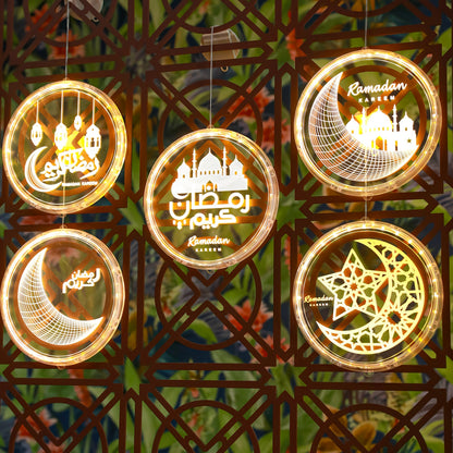 فوانيس رمضانية بتقنية LED - تصميم الخط العربي والهلال، تعمل بالبطارية، مصابيح معلقة داخلية/خارجية مع زر تحكم، فوانيس زخرفية