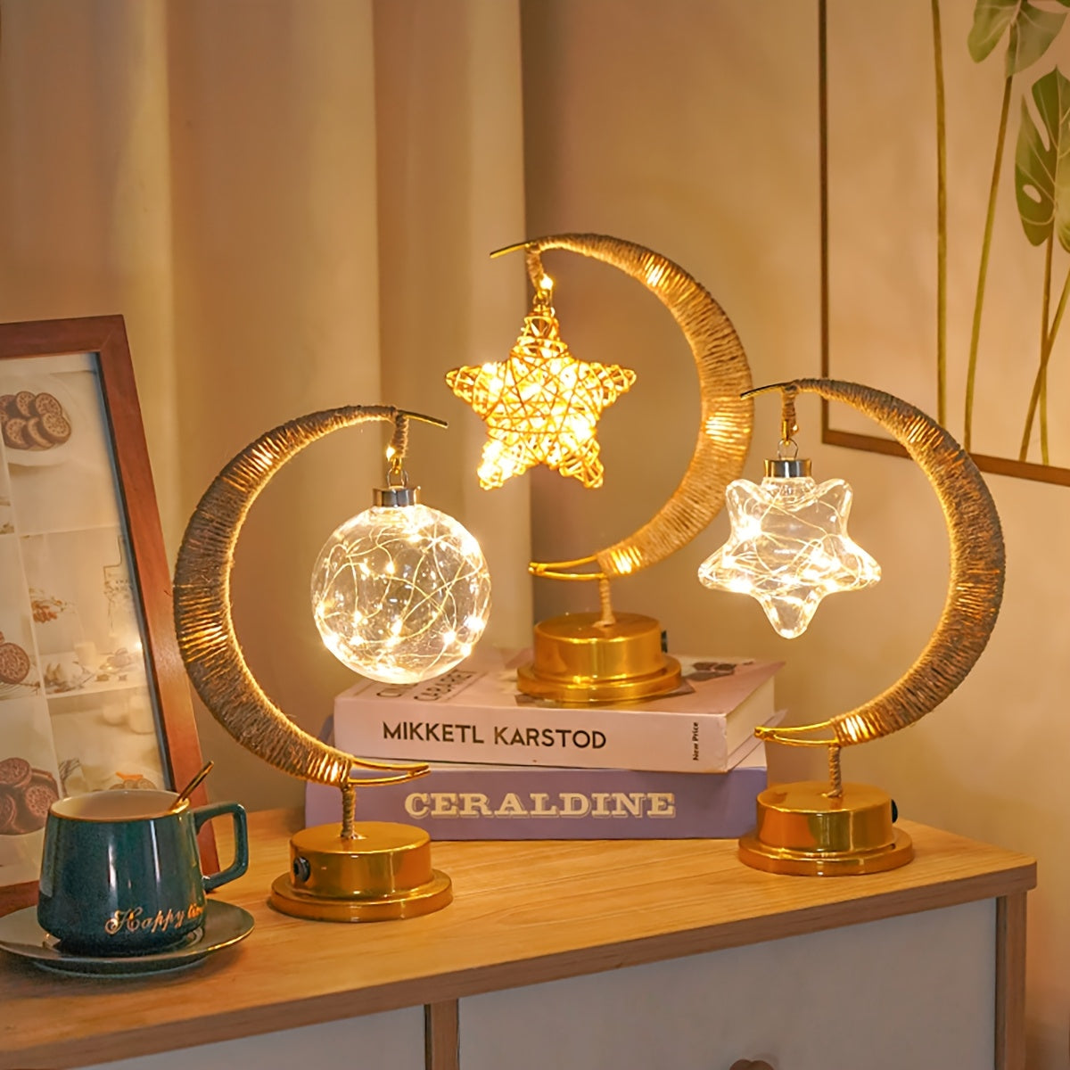1pc LED Iron Art Hemp Rope Star and Moon Lamp Suitable for Festive Parties, Home Bedroom Table Light Atmosphere Modeling, Christmas, New Year, Eid al-Fitr and Ramadan Decoration Lighting (without Battery, Warm Light)