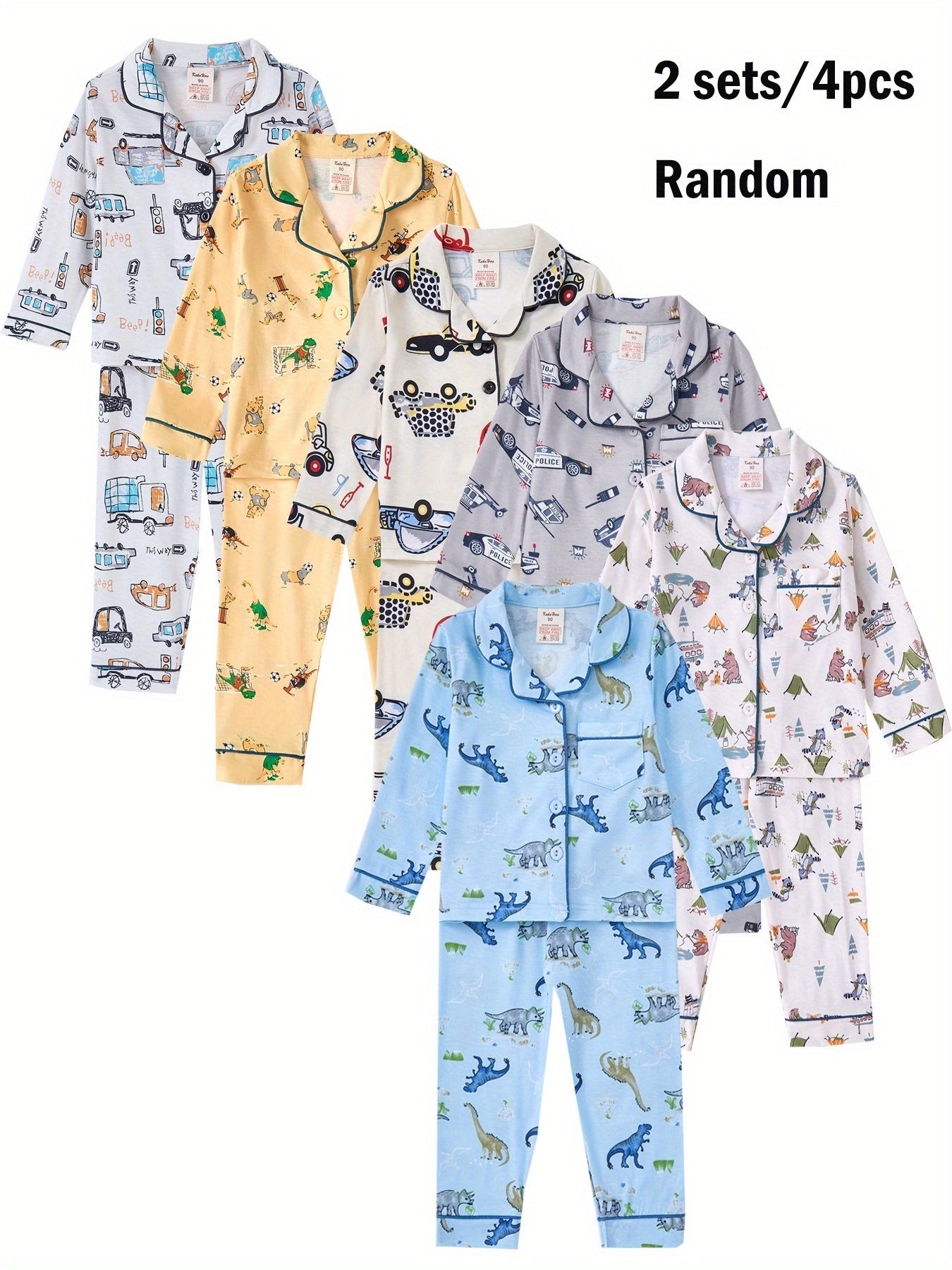 Random 4-Piece (2 Sets) Boys’ Dinosaur Print Shirt & Elastic-Waist Pants – Polyester Cartoon Pajama/Home Wear Sets for Ages 2–7, Spring/Autumn/Winter