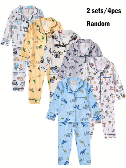 Random 4-Piece (2 Sets) Boys’ Dinosaur Print Shirt & Elastic-Waist Pants – Polyester Cartoon Pajama/Home Wear Sets for Ages 2–7, Spring/Autumn/Winter