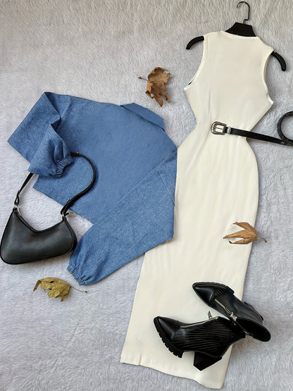 طقم بليزر وفستان نسائي من مجموعة Y2K بألوان متعددة - جاكيت أزرق بأكمام طويلة وسحاب مع فستان بيج بدون أكمام بقصة ضيقة، مناسب للمكتب والشارع في الربيع/الخريف