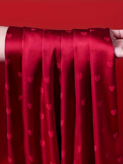 Women’s Elegant Red Heart-Pattern Pajama Set – Soft Long-Sleeve Top & Pants with Lapel Collar and Button Details for Spring/Fall