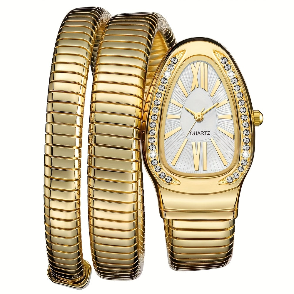 Women’s Elegant Serpentine-Design Quartz Watch – Golden-Tone Alloy Strap with Roman Numerals, Stylish Daily Wear Timepiece