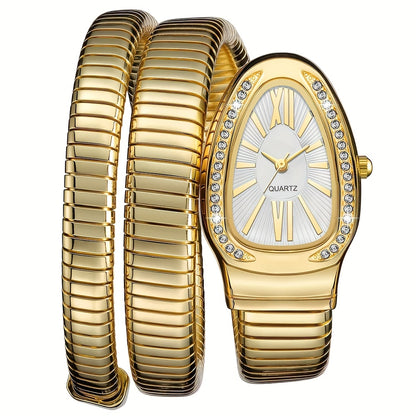 Women’s Elegant Serpentine-Design Quartz Watch – Golden-Tone Alloy Strap with Roman Numerals, Stylish Daily Wear Timepiece