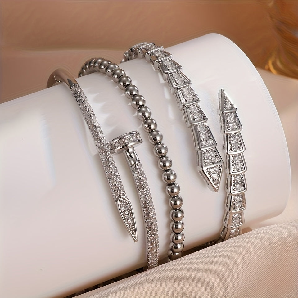 Exquisite Luxury Women'S Jewelry Set of 3, Elegant Style with Copper Plated Golden Inlaid Synthetic Zirconia Design Featuring Snake-Shaped Open Bracelet, Nail-Shaped Bracelet, and Round Bead Bracelet Suitable for Daily Wear a