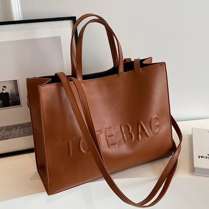 PU Textured Large-Capacity Women’s Tote Bag — Vintage Commuter Shoulder & Crossbody Bag with ‘TOTE BAG’ Embossed Design, Durable and Lightweight, Ideal for Work, Business & School, Available in Black, Brown, and Silve