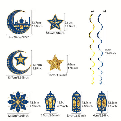 16pcs Islamic Ramadan & Eid Al-Fitr Ceiling Decorations Suitable for Muslim Parties - Elegant Islamic Spiral Stairs with & Islamic Motifs, Ceiling Hanging Ornaments for Ramadan, Eid, Muslim (Paper)