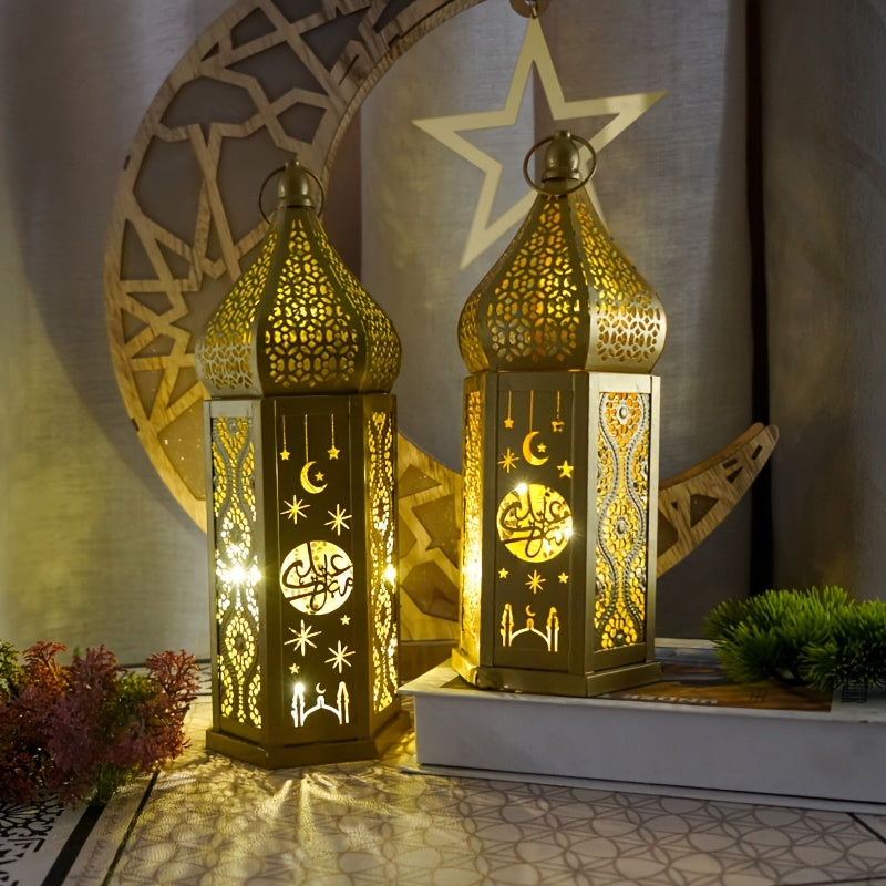 1pc Moroccan Style LED Lantern - Battery-Powered with 3 AAA Batteries (Not Included), Intricate Iron Design with Crescent Moon & Stars, Warm Glow for Ramadan Eid Weddings Home Decor, Tabletop Decoration | Decorative LED Lante