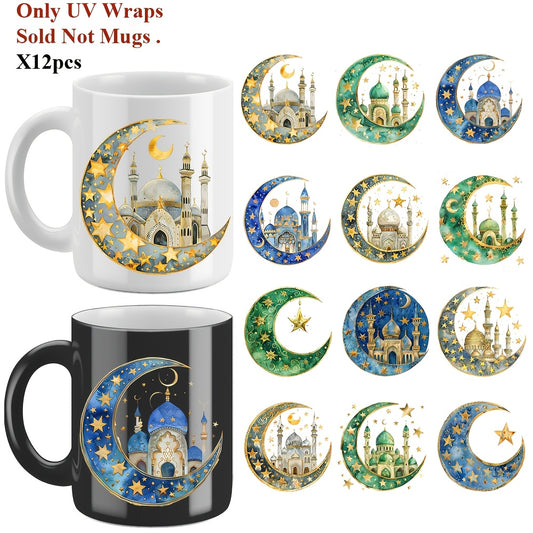 [12pcs Ramadan Moon Themed Decals] 12pcs Ramadan Moon Themed UV DTF Self-Adhesive Decals, High-Quality Waterproof Plastic Decorative Designs, for Glassware, Mugs, Laptops, and Refrigerators