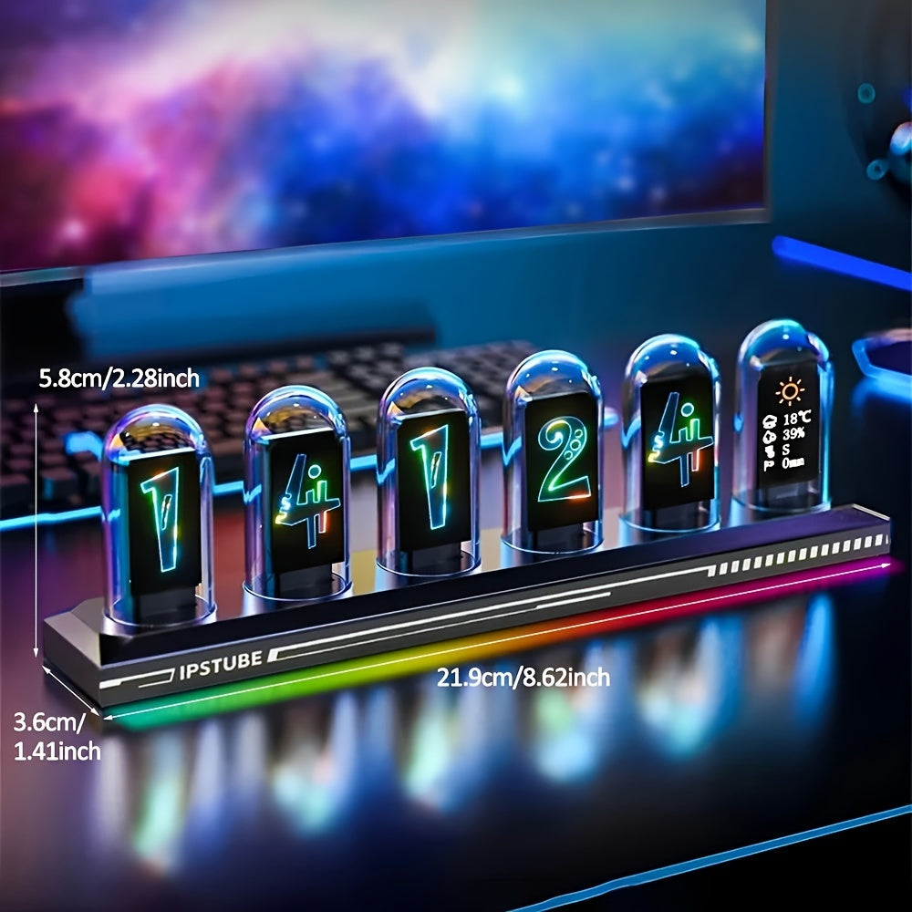 RGB LED Nixie Tube Clock – DIY IPS Display with 16M Colors, App Control, Temp & Weather Display, Modern Home Decor Gift